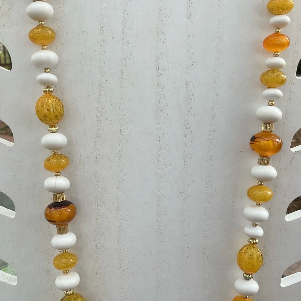 White Yellow bead necklace acrylic beads 34” long made Hong Kong vintage